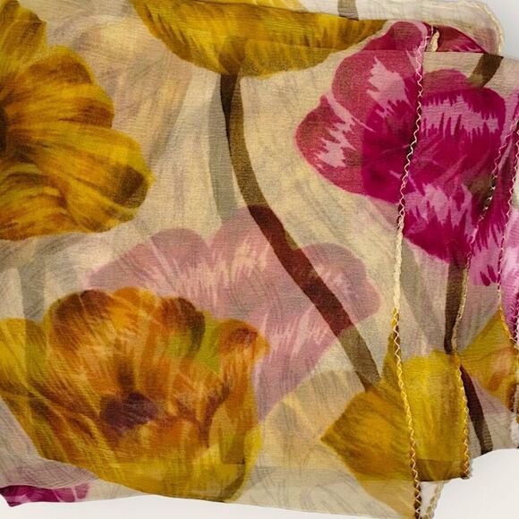 Womens Scarf Sheer Chiffon Rectangle Magenta Gold Floral Print Wrap Classic Boho - Picture 5 of 9